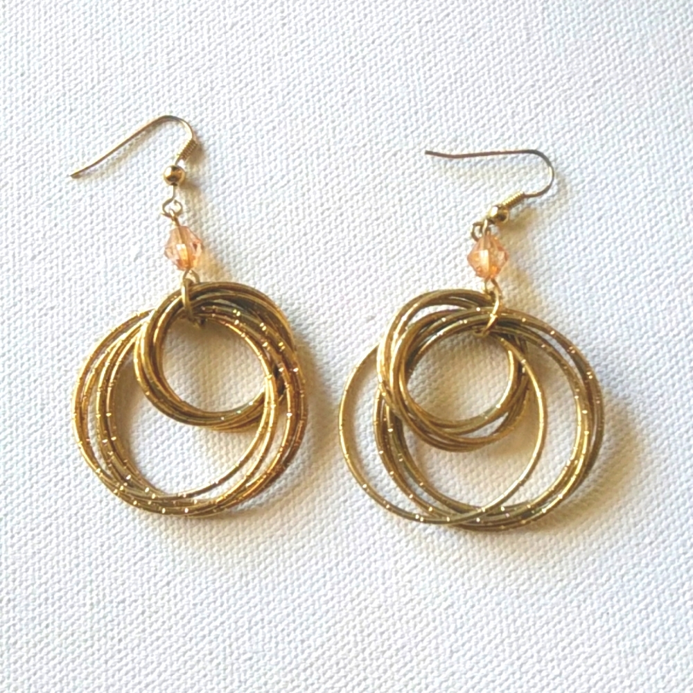 Multi-Hoop Gold Earrings w Pink Crystal